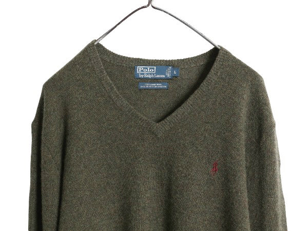 90s ポロ ラルフローレン Vネック ニット セーター メンズ L / オールド ラム ウール ハイゲージ ワンポイント シンプル きれいめ トップス