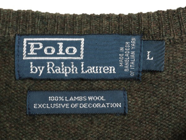 90s ポロ ラルフローレン Vネック ニット セーター メンズ L / オールド ラム ウール ハイゲージ ワンポイント シンプル きれいめ トップス