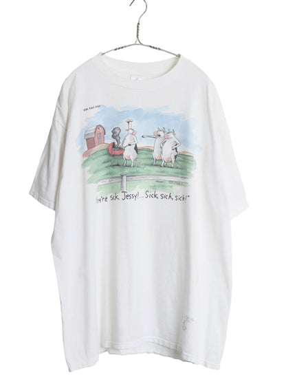 90s ウシ ジョーク アート イラスト プリント Tシャツ メンズ XL 程/ 古着 オールド アニマル キャラクター シングルステッチ 大きいサイズ