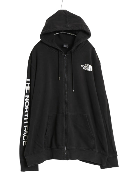 ノースフェイス フルジップ プリント スウェット フード パーカー メンズ XXL / アウトドア トレーナー 裏起毛 袖プリント 大きいサイズ 黒