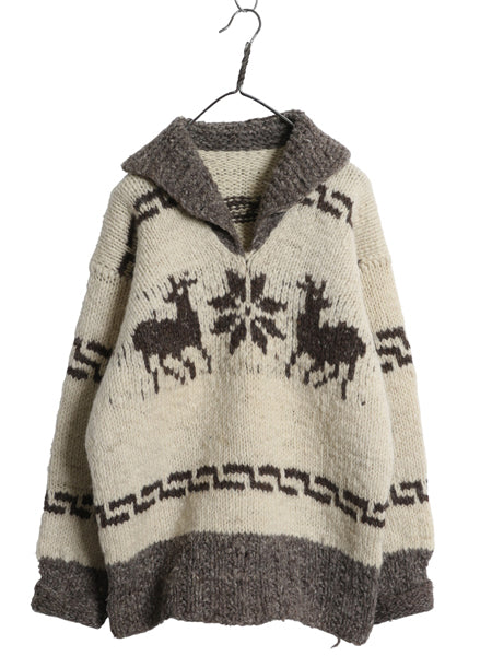 60s 70s ★ カウチン ハンドニット セーター メンズ L 古着 ヴィンテージ ハンドメイド ウール ハンドスパン ショールカラー プルオーバー