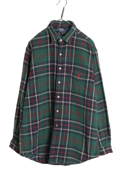 90s ラルフローレン 長袖 ヘビー フランネル シャツ メンズ L オールド ポロ チェック LOWELL SPORT ネルシャツ ワンポイント ポニー 厚手