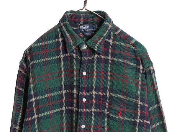 90s ラルフローレン 長袖 ヘビー フランネル シャツ メンズ L オールド ポロ チェック LOWELL SPORT ネルシャツ ワンポイント ポニー 厚手