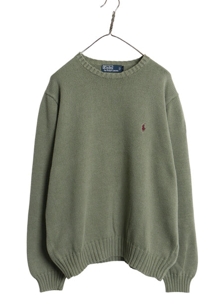 00s ポロ ラルフローレン コットン ニット セーター メンズ XL オールド 長袖ニット ワンポイント クルーネック シンプル 大きいサイズ 緑