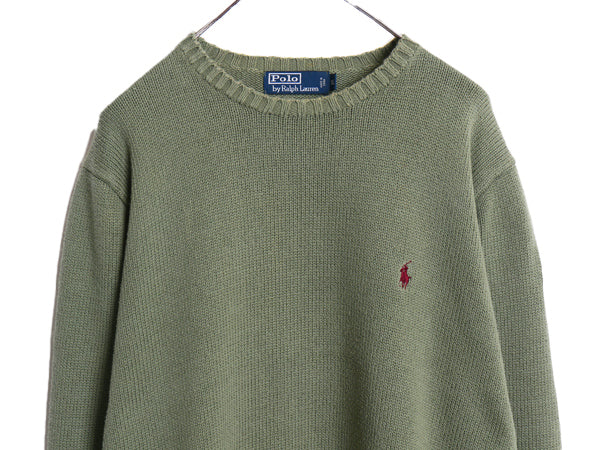 00s ポロ ラルフローレン コットン ニット セーター メンズ XL オールド 長袖ニット ワンポイント クルーネック シンプル 大きいサイズ 緑