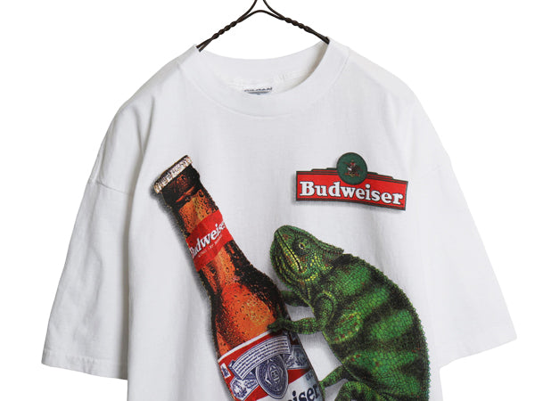 90s ★ バドワイザー カメレオン イラスト プリント Tシャツ メンズ XL / オールド ビール 当時物 企業物 カエル アニマル キャラクター 白
