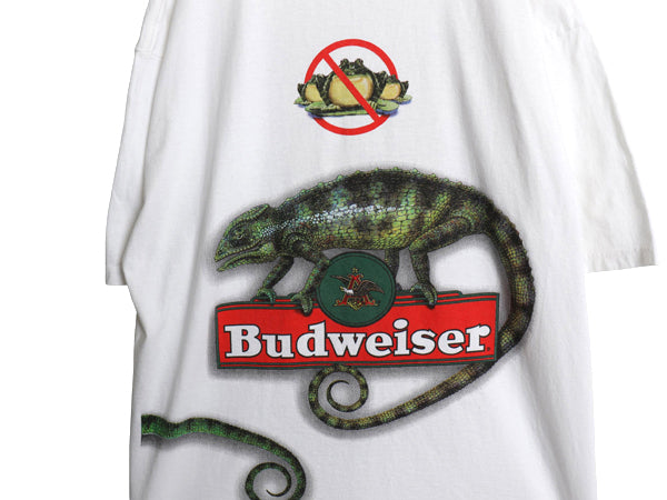 90s ★ バドワイザー カメレオン イラスト プリント Tシャツ メンズ XL / オールド ビール 当時物 企業物 カエル アニマル キャラクター 白