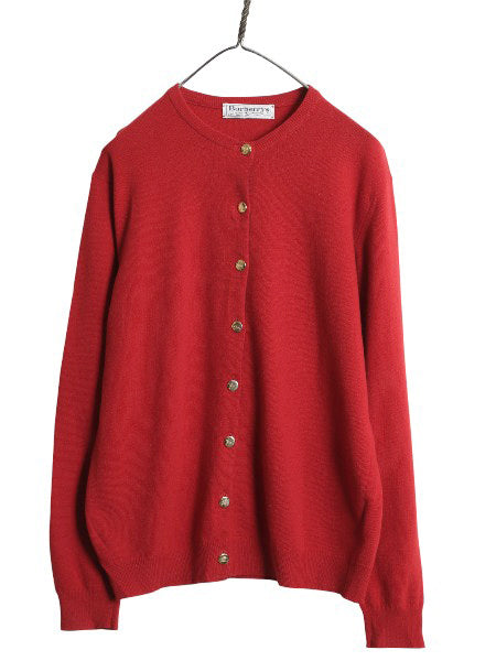 90s スコットランド製 バーバリー ニット カーディガン レディース L 古着 オールド 前開き 羽織りラム ウール 長袖ニット 無地 ハイゲージ