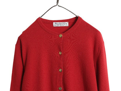 90s スコットランド製 バーバリー ニット カーディガン レディース L 古着 オールド 前開き 羽織りラム ウール 長袖ニット 無地 ハイゲージ