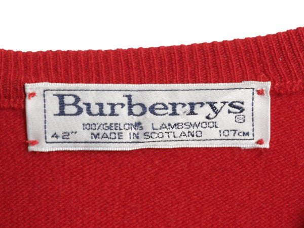 90s スコットランド製 バーバリー ニット カーディガン レディース L 古着 オールド 前開き 羽織りラム ウール 長袖ニット 無地 ハイゲージ