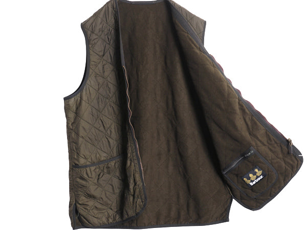 バブアー 中綿 ナイロン キルティング ベスト メンズ L / 古着 3ワラント 裏 フリース フルジップ ライナー 重ね着 前開き 無地 オリーブ