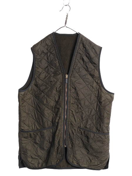 バブアー 中綿 ナイロン キルティング ベスト メンズ L / 古着 3ワラント 裏 フリース フルジップ ライナー 重ね着 前開き 無地 オリーブ