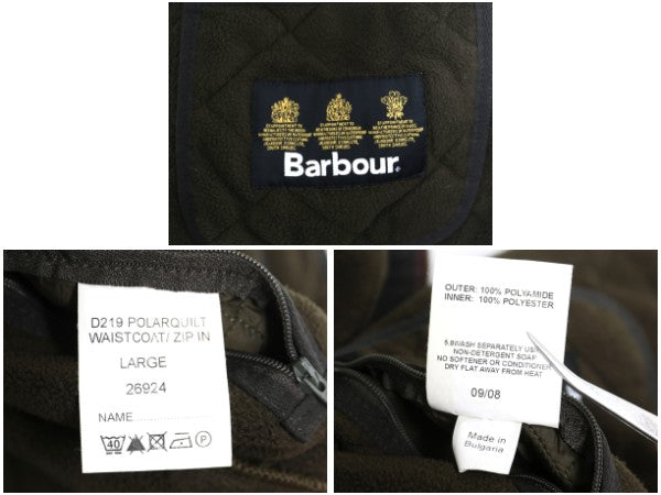 バブアー 中綿 ナイロン キルティング ベスト メンズ L / 古着 3ワラント 裏 フリース フルジップ ライナー 重ね着 前開き 無地 オリーブ