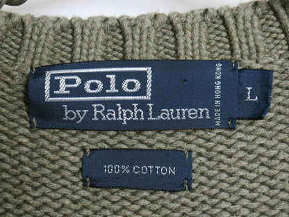 90s ポロ ラルフローレン コットン ニット セーター メンズ L / 古着 オールド ワンポイント ポニー 刺繍 リブ編み Vネック 無地 オリーブ