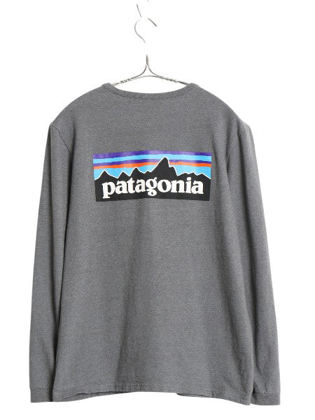 パタゴニア 両面 プリント 長袖 Tシャツ レディース S アウトドア ロンT ロングスリーブ P6 バックプリント ボックスロゴ カットソー 濃灰