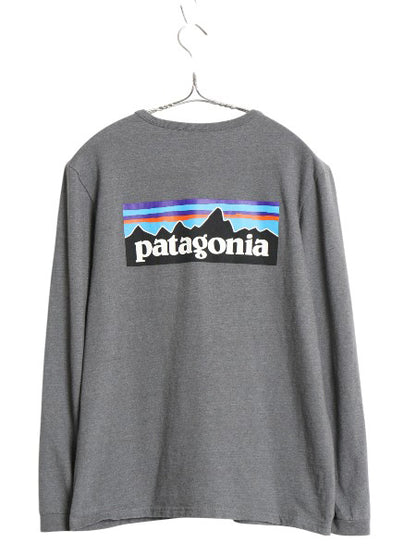 パタゴニア 両面 プリント 長袖 Tシャツ レディース S アウトドア ロンT ロングスリーブ P6 バックプリント ボックスロゴ カットソー 濃灰