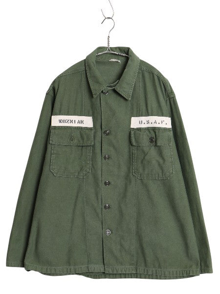 60's 米軍実物 US AIR FORCE コットン サテン ユーティリティ シャツ XL 程/ ヴィンテージ 1st 後期 筒袖 ミリタリー 軍物 アーミー OG107