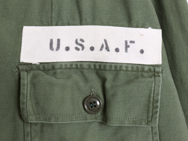 60's 米軍実物 US AIR FORCE コットン サテン ユーティリティ シャツ XL 程/ ヴィンテージ 1st 後期 筒袖 ミリタリー 軍物 アーミー OG107