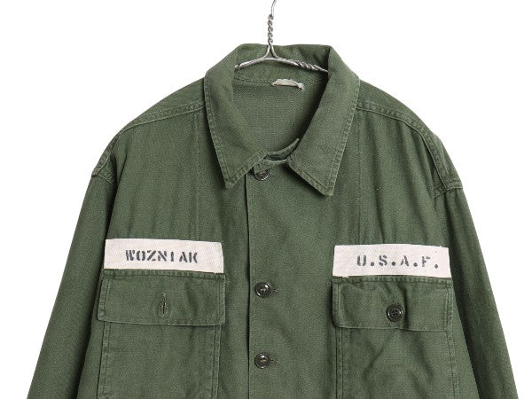 60's 米軍実物 US AIR FORCE コットン サテン ユーティリティ シャツ XL 程/ ヴィンテージ 1st 後期 筒袖 ミリタリー 軍物 アーミー OG107
