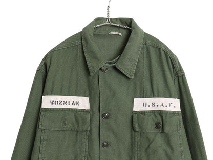 60's 米軍実物 US AIR FORCE コットン サテン ユーティリティ シャツ XL 程/ ヴィンテージ 1st 後期 筒袖 ミリタリー 軍物 アーミー OG107