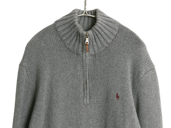00s ポロ ラルフローレン ハーフジップ コットン ニット セーター メンズ XL オールド ハイネック リブ編み ワンポイント 大きいサイズ 灰