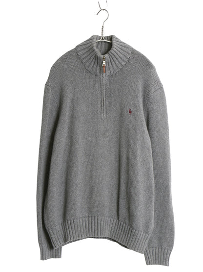 00s ポロ ラルフローレン ハーフジップ コットン ニット セーター メンズ XL オールド ハイネック リブ編み ワンポイント 大きいサイズ 灰