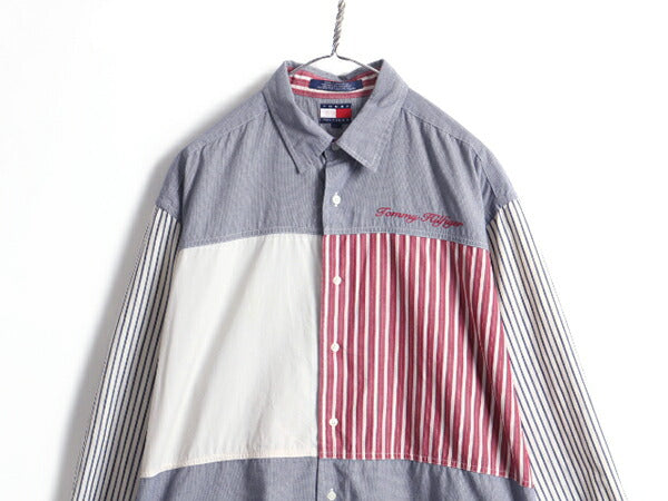 90s ■ トミーヒルフィガー クレイジー 切替 長袖 ボタンダウン シャツ ( メンズ L ) 古着 90年代 オールド TOMMY HILFIGER 長袖シャツ