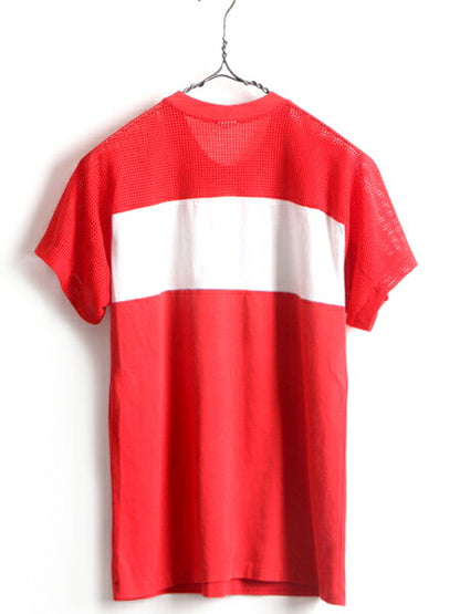 80s USA製 ■ チャンピオン メッシュ 切替 プリント 半袖 Tシャツ ( メンズ M ) 古着 80年代 ビンテージ Champion 2トーン 赤 白 プリントT