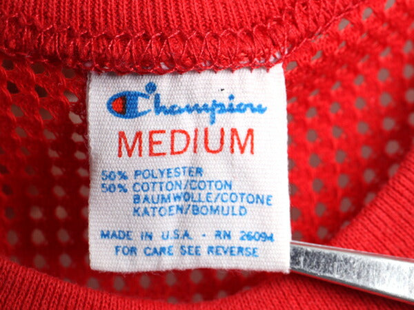 80s USA製 ■ チャンピオン メッシュ 切替 プリント 半袖 Tシャツ ( メンズ M ) 古着 80年代 ビンテージ Champion 2トーン 赤 白 プリントT