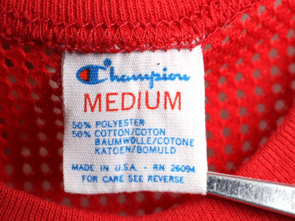 80s USA製 ■ チャンピオン メッシュ 切替 プリント 半袖 Tシャツ ( メンズ M ) 古着 80年代 ビンテージ Champion 2トーン 赤 白 プリントT