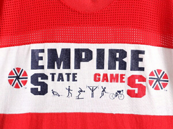 80s USA製 ■ チャンピオン メッシュ 切替 プリント 半袖 Tシャツ ( メンズ M ) 古着 80年代 ビンテージ Champion 2トーン 赤 白 プリントT