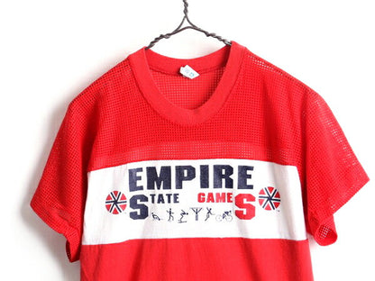 80s USA製 ■ チャンピオン メッシュ 切替 プリント 半袖 Tシャツ ( メンズ M ) 古着 80年代 ビンテージ Champion 2トーン 赤 白 プリントT