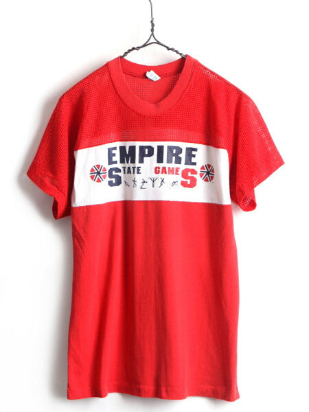 80s USA製 ■ チャンピオン メッシュ 切替 プリント 半袖 Tシャツ ( メンズ M ) 古着 80年代 ビンテージ Champion 2トーン 赤 白 プリントT