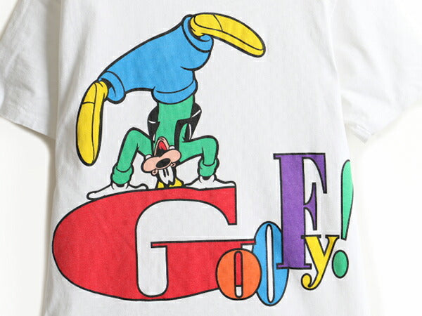 90s USA製 ■ ディズニー オフィシャル グーフィー 大判 プリント 半袖 Tシャツ ( メンズ レディース M 程) 古着 90年代 キャラクター 白
