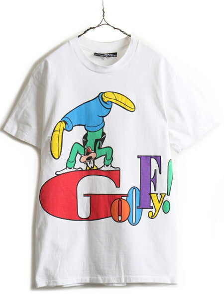 90s USA製 ■ ディズニー オフィシャル グーフィー 大判 プリント 半袖 Tシャツ ( メンズ レディース M 程) 古着 90年代 キャラクター 白