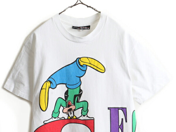 90s USA製 ■ ディズニー オフィシャル グーフィー 大判 プリント 半袖 Tシャツ ( メンズ レディース M 程) 古着 90年代 キャラクター 白