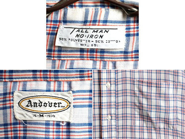 60s 70s ビンテージ ■ ANDOVER チェック 3点留め ボタンダウン 半袖 シャツ ( メンズ M ) 古着 60年代 70年代 ポケット付き 半袖シャツ