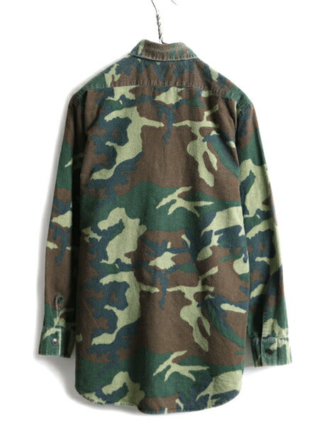 90s オールド ■ ウッドランド カモ 迷彩 長袖 プリント フランネル シャツ ( メンズ M ) 古着 ネルシャツ ネル 迷彩柄 総柄 ポケット付き