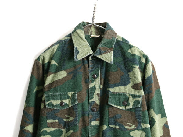 90s オールド ■ ウッドランド カモ 迷彩 長袖 プリント フランネル シャツ ( メンズ M ) 古着 ネルシャツ ネル 迷彩柄 総柄 ポケット付き