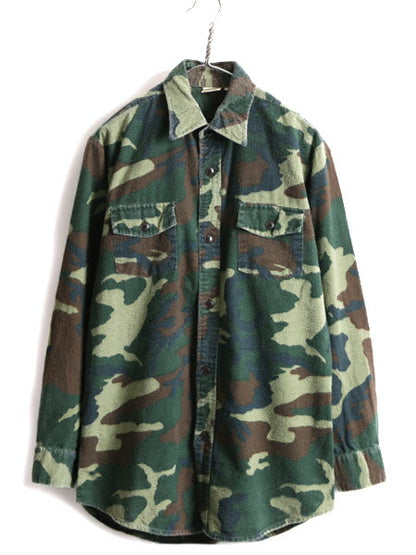 90s オールド ■ ウッドランド カモ 迷彩 長袖 プリント フランネル シャツ ( メンズ M ) 古着 ネルシャツ ネル 迷彩柄 総柄 ポケット付き