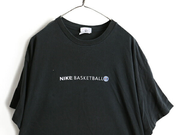 90s USA製 大きいサイズ XXL 人気 黒 ■ NIKE ナイキ バスケットボール ロゴ刺繍 半袖 Tシャツ ( メンズ ) 90年代 オールド ロゴT バスケ