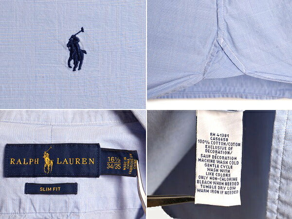■ ラルフローレン マチ付き チェック 長袖 ボタンダウン シャツ ( 16 1/2 メンズ M 程) 古着 POLO ポロ スリムフィット 長袖シャツ 薄青