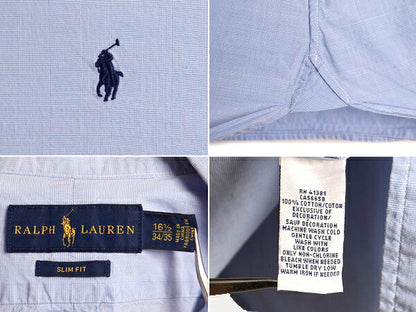 ■ ラルフローレン マチ付き チェック 長袖 ボタンダウン シャツ ( 16 1/2 メンズ M 程) 古着 POLO ポロ スリムフィット 長袖シャツ 薄青