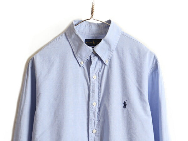 ■ ラルフローレン マチ付き チェック 長袖 ボタンダウン シャツ ( 16 1/2 メンズ M 程) 古着 POLO ポロ スリムフィット 長袖シャツ 薄青