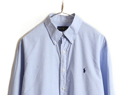 ■ ラルフローレン マチ付き チェック 長袖 ボタンダウン シャツ ( 16 1/2 メンズ M 程) 古着 POLO ポロ スリムフィット 長袖シャツ 薄青