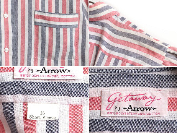 70s USA製 ■ ARROW アロー マルチカラー ストライプ 半袖 シャツ ( 16 メンズ L 程) 古着 アメリカ製 ビンテージ 半袖シャツ ポケット付き
