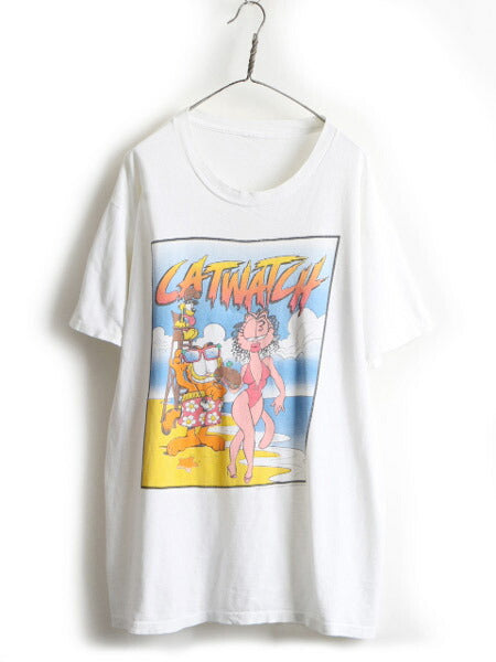90s ■ ガーフィールド オフィシャル プリント 半袖 Tシャツ ( メンズ レディース XL 程) 古着 90年代 オールド GARFIELD キャラクター 白