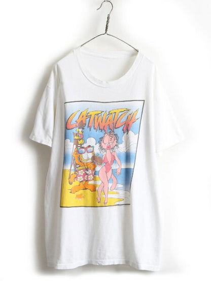 90s ■ ガーフィールド オフィシャル プリント 半袖 Tシャツ ( メンズ レディース XL 程) 古着 90年代 オールド GARFIELD キャラクター 白