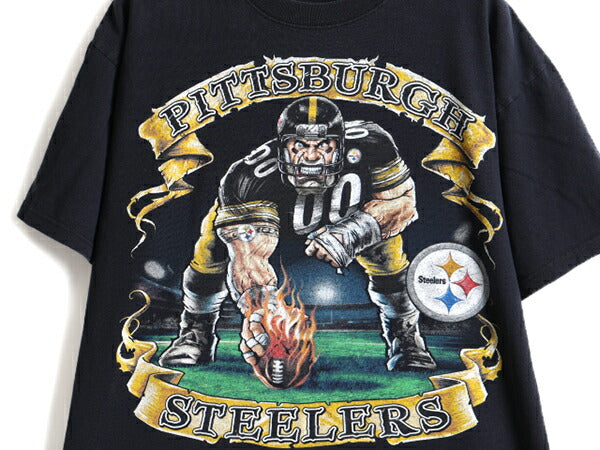 90s 人気 黒 ■ NFL ピッツバーグ スティーラーズ プリント 半袖 Tシャツ ( メンズ L 程) 古着 90年代 オールド アメフト フットボール