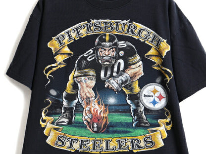 90s 人気 黒 ■ NFL ピッツバーグ スティーラーズ プリント 半袖 Tシャツ ( メンズ L 程) 古着 90年代 オールド アメフト フットボール